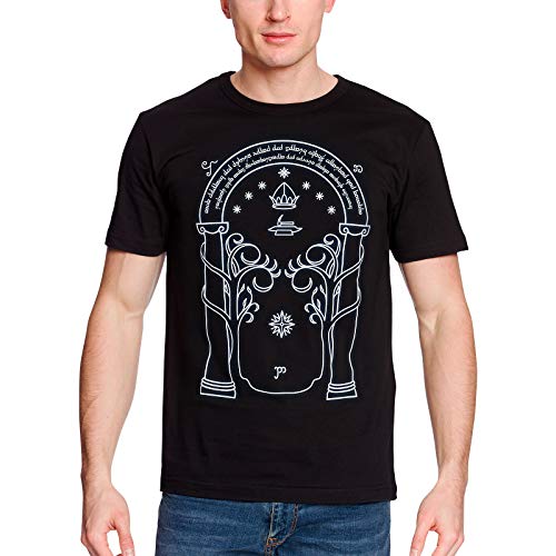 Elbenwald Las Puertas de la Camiseta de los Hombres de Durin Brillan en la Oscuridad para los fanáticos de El señor de los Anillos algodón Negro - M