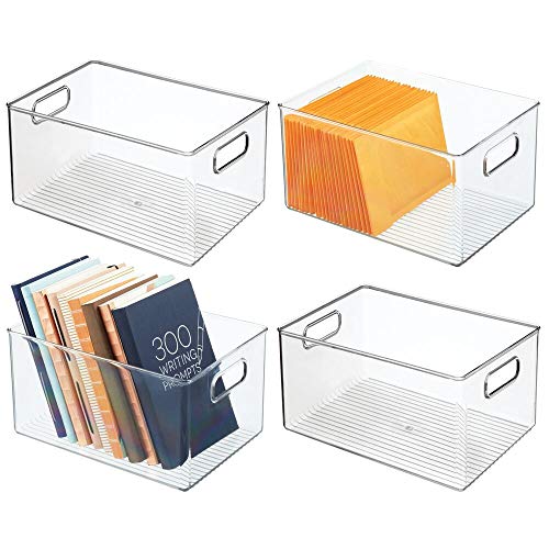 mDesign Juego de 4 cajas organizadoras con asas – Caja de almacenaje para accesorios de cocina o baño y para material de oficina – Organizador de escritorio apilable hecho de plástico – transparente