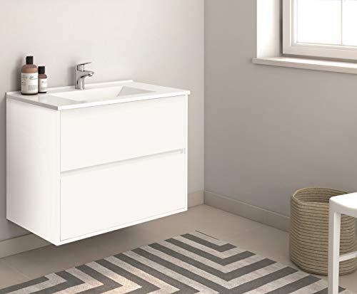 Mueble de baño Suspendido con Lavabo de Porcelana - con 2 Cajones - El Mueble va MONTADO - Modelo SADO (60cms, Blanco)