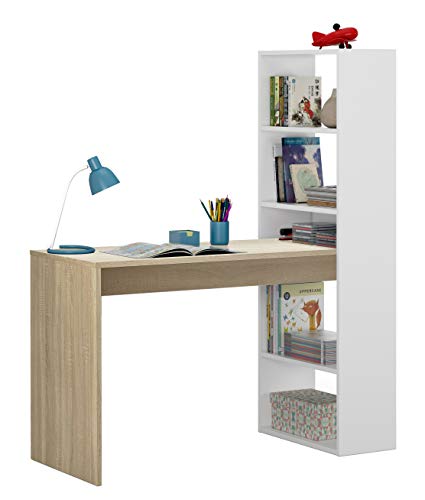 Mobelcenter - Escritorio y estantería Reversible - Mesa de Oficina o Escritorio con estantería (Blanco y Roble) - 1157