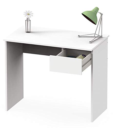 Abitti Escritorio Mesa de Ordenador Multimedia Color Blanco Mate con cajón para Oficina, despacho o Estudio. 90cm Ancho x 75cm Altura x 50cm Fondo
