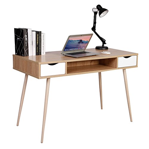 Woltu TSG19hei - Mesa de ordenador de mesa de escritorio de metal y madera, mesa de trabajo con 2 cajones y 1 compartimento abierto, 120 x 58 x 77 cm, roble
