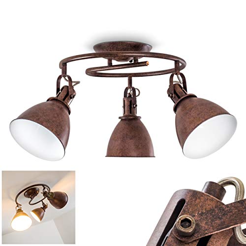 Koppom - Lámpara de techo en espiral, metal oxidado/blanco, 3 focos, con focos ajustables, 3 casquillos E14, máx. 40 W, diseño retro, vintage, apta para bombillas LED