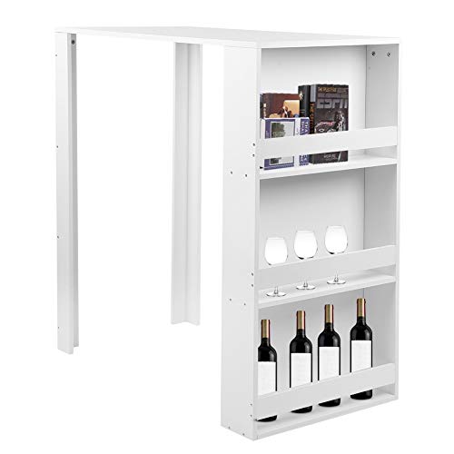 Mesa de bar alto con estantes de almacenamiento 3 niveles para desayuno, café, mesa de comedor cocina, mesa auxiliar para casa, blanco 56,7 x 106 x 114 cm