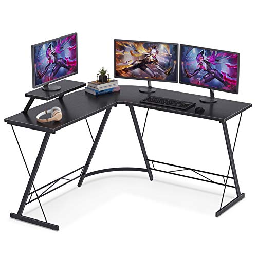 ODK Escritorio para ordenador en forma de L, moderno y resistente, mesa de oficina, mesa de trabajo, mesa para juegos, con estante para monitor, color negro, 130 x 130 x 46