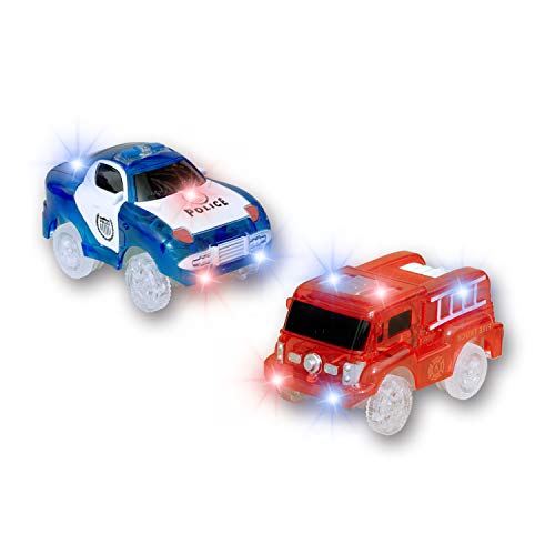 MIGE Light Up Toy Coche de policía y Carro de Bomberos con luz Intermitente Brillo en la Ciudad Oscura Juguetes de acción Rush and Rescue Paquete de policía y Bombero de 2 (Rojo + Azul)