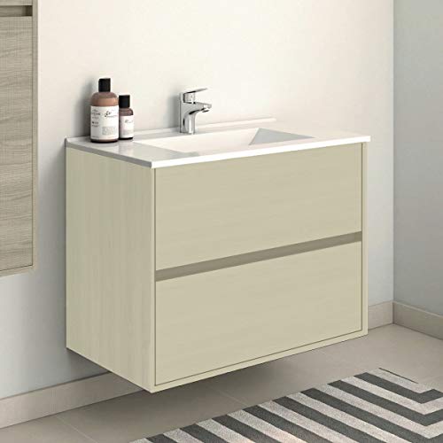 Mueble de baño Suspendido con Lavabo de Porcelana - con 2 Cajones - El Mueble va MONTADO - Modelo SADO (60cms, Taiga)