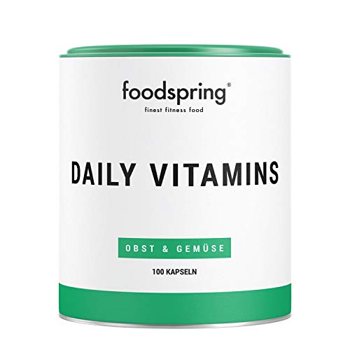foodspring Daily Vitamins, 100 cápsulas, Suplemento multivitamínico de alta calidad con la dosis diaria requerida de vitaminas D, C, B12