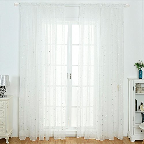 Cortinas de gasa Tulle, con estampado de estrellas blancas para ventana, para puerta, transparente, para sala de estar, dormitorio, White Eyelet, 100*270cm