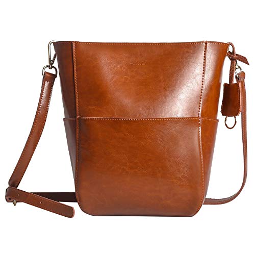 Leathario Bolso a Hombro de Piel para Mujeres Bolsa Tote Bandolera de Cubo Cuero Marron