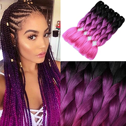 YMHPRIDE 24 pulgadas 5 piezas Ombre trenzas extensiones de cabello jumbo 3 Tone Xpression Kanekalon cabello trenzado (negro, púrpura y rosa)