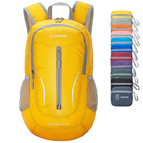 ZOMAKE Mochila Plegable Ligera 25L, Mochilas Pequeñas Compacta para Hombre, Mujer, Viajar, Senderismo, Al Aire Libre(Amarillo)