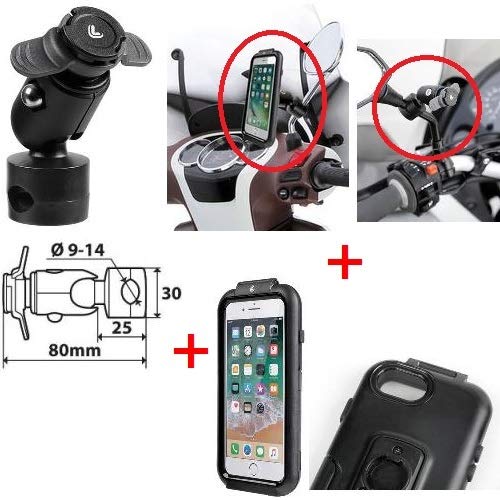 Compatible con BMW F 650 CS SCARVER Soporte para Smartphone TELÉFONO ESPECÍFICO para iPhone 6/7/8 + Accesorio para Espejos, Marcos Y CROSSBARS con Abrazadera Ø 9-14 MM LAMPA