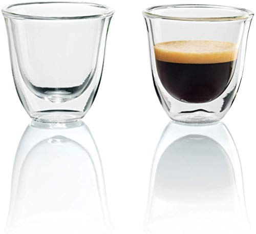 De'Longhi Juego de 2 vasos premium para espresso, apto para lavavajillas, pared doble vidrio templado, transparente, 60 ml