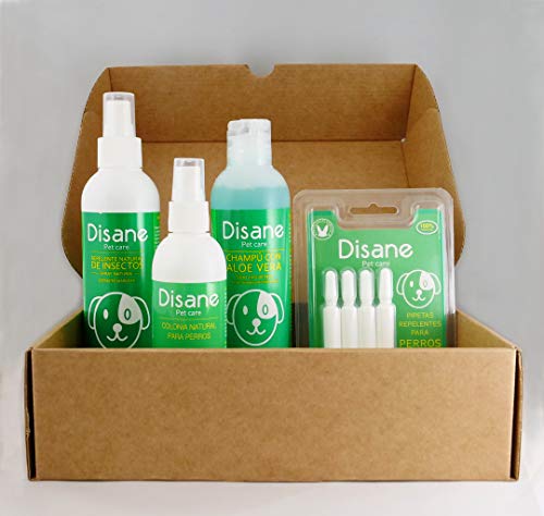 DISANE Caja Regalo con Productos Naturales para Perro | Mima y Protege a tu Mascota | Champú Aloe Vera + Pipetas Antiparasitarias + Colonia Aroma Talco + Spray Antipulgas | Todas Las Razas de Perros