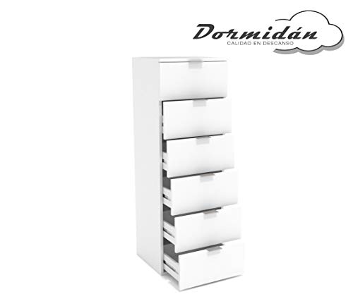 Dormidán- Sinfonier 6 cajones guías metálicas, cómoda Dormitorio, Altura 117cm. (Blanco)