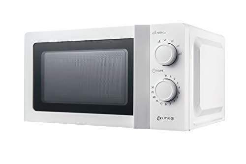 Grunkel - Microondas blanco de 20 litros de capacidad y 700W. 6 niveles de potencia, función descongelación y temporizador hasta 30 minutos. Fácil apertura con tirador. Modelo MW-20IG