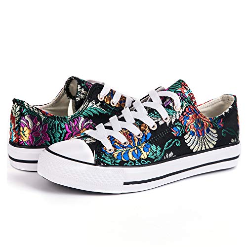 Hotroad Mujer Bordado Canvas Calzado Mujer Deportiva Casual Low Top Black Sneaker Women Liquidación Mujer Tenis Zapatillas Negro, Bordado de Flores / 40 EU