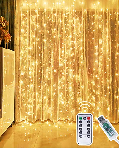 Kolpop Cortina de Luces, 3m x 3m 300 LED Luces Cortina, Cortina Luces Navidad Luz de Cortina USB, Cortina LED Luces Decoración de Navidad, Festival, Fiestas, Casa, Jardín, Boda（Blanco Cálido）