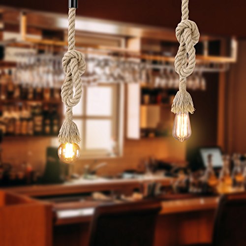 LEDMOMO 1M Vintage Cuerda de cáñamo gruesa sola cabeza colgante de cáñamo lámpara de cuerda luces colgantes para el restaurante del dormitorio Cafe Bar Decoración de estilo rural