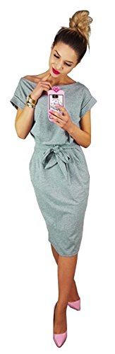 Longwu Vestido de Manga Corta Elegante de Las Mujeres para Trabajar el Vestido Ocasional del lápiz con la Correa Gris-XL