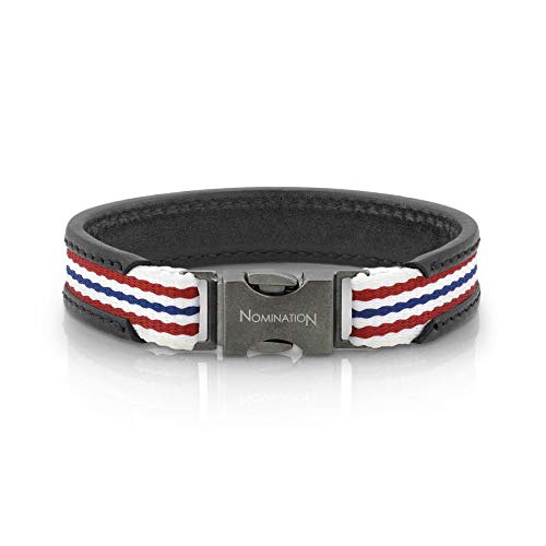 Nomination Pulsera Cruise para Hombre en algodón, Piel y Metal (Negro) (L) Blanco Rojo Azul