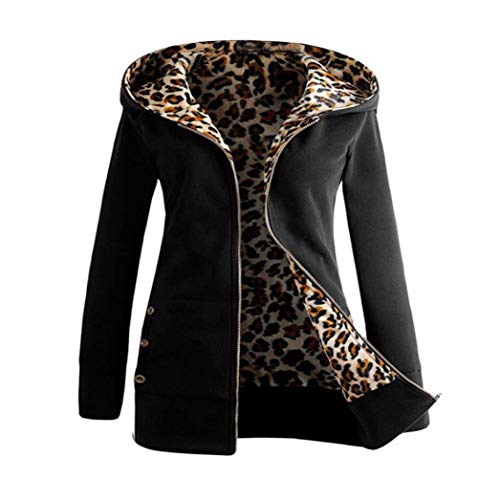 Overdose Las Mujeres MáS De Terciopelo Engrosada con Capucha Linda Dama SuéTer Leopard Cremallera Capa con Capucha Sudadera (Small, Negro)