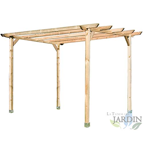 PERGOLA DE MADERA para JARDIN y PORCHE 360x360x250 cm. Presentación: 4 postes 9 x 9 x 250 cm, 2 traviesas 360 cm, 4 listones 360 cm y 4 escuadras.