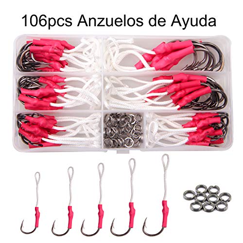 Shaddock 106pcs Anzuelos de Ayuda de Pesca Tackle 420 Acero Inoxidable Jigging Assist Kit de Ganchos de Pesca con Anillos de División de Línea de PE Blanco