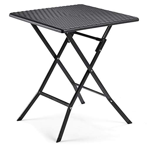 SONGMICS GPT03BK - Mesa Plegable para jardín (tamaño pequeño, Superficie de plástico de polirratán, Resistente al Agua, Patas de Hierro estables, Patas de Tipo claxon, 62 x 62 x 73 cm), Color Negro