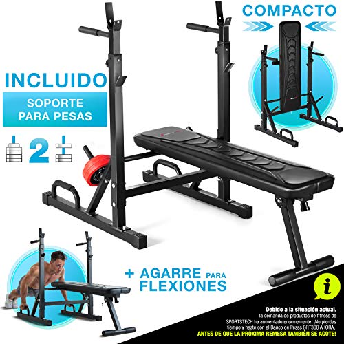 Sportstech 21en1 Banco de Pesas Innovador con Soporte para Pesas y Asas Push up, Sistema de Plegado Inteligente, Banco de Entrenamiento BRT300 Plegable, pies Antideslizantes, tapicería Eva y Asas Dip