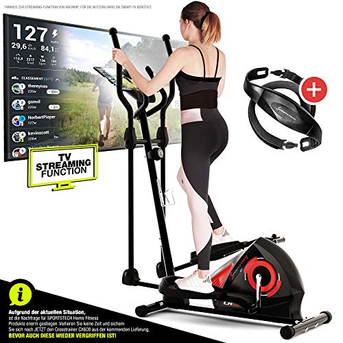 Sportstech CX608 Crosstrainer - Bicicleta elíptica (videoeventos y multijugador, aplicación y consola compatible con Bluetooth, incluye correa de pulsómetro, entrenador elíptica, ergómetro para tablet), Sportstech CX608 - Bicicleta elíptica con aplicación