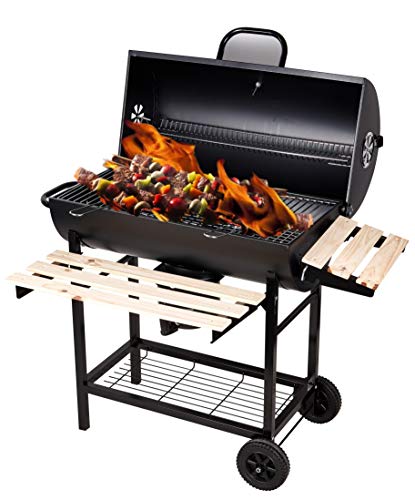 SunJas Barbacoas de Carbón Parrilla con Ruedas para Jardín Exterior BBQ con Soportes Facil Movimiento, con 2 Estantes de Madera Plegable para Almacenar Comidas, 101×70.5×94.5CM