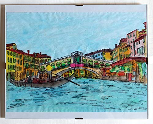 Venecia, puente de rialto-Pintura original en color, técnica de acuarela + dimensiones del marco de madera cm 32.4x23.7x0.7 cm.Fabricado en Italia, Toscana, Lucca. Creado por Davide Pacini.