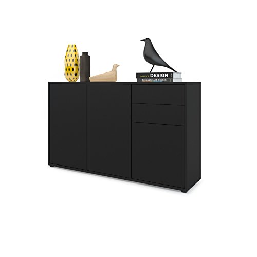 Vladon Cómoda Sideboard Ben V3, Cuerpo en Negro Mate/Frentes en Negro Mate