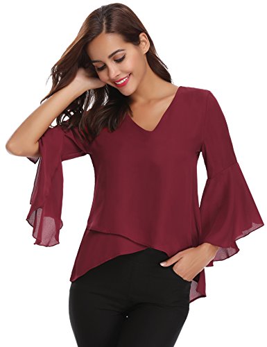 Abollria Camisa de Gasa para Mujer 3/4 Mangas Elegante Blusa Chiffon Cuello V Ligera Mangas Acampanadas Primavera Verano Otoño, Vino Rojo, L