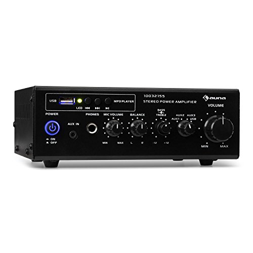 auna Amp3 - Amplificador de Equipo estéreo, Amplificador Hi-fi, Puerto USB, Entradas AUX y de línea, Ecualizador de 2 Bandas, 2 x 6,5 W de Potencia, Tonos Graves y Agudos Regulables, Negro