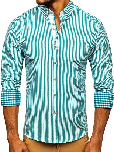 BOLF Hombre Camisa de Manga Larga con Rayas Cuello Americano Camisa de Algodón Slim fit Estilo Casual 9711 Verde L [2B2]