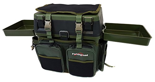 Fishingmad Tackle caja de asiento con bandeja lateral y mochila Opción, Seat Box with 2 Side Trays and Backpack Carrier