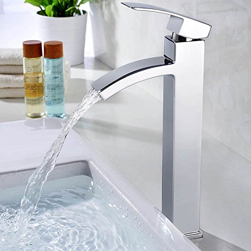 HOMELODY Cromo Cascada Grifo de lavabo Grifo de Baño Monomando de lavabo Grifería lavabo Alto caño Agua fría y cliente