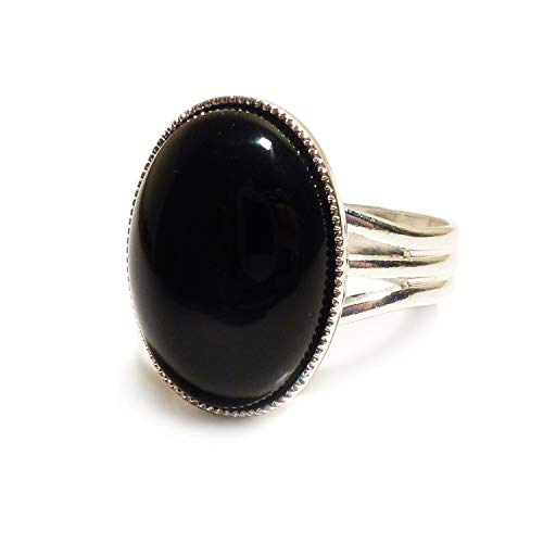 LunarraStar - Anillo para Mujer Chapado en Plata con ónix Negro Ovalado semiprecioso 18 x 13 mm Ajustable