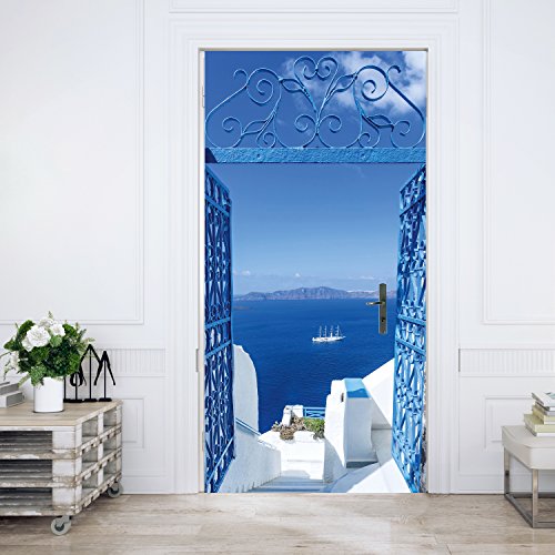 murimage Papel Pintado Puerta Santorini 86 x 200 cm Incluye Pegamento Mar Blanco Turquesa Azul Nave Grecia Mediterráneo Sala de Estar Foto Mural