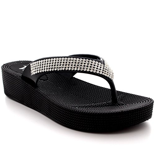 Sandalias para mujer de Viva, para playa, tiras con diamantes, color Negro, talla 37 1/3