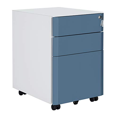 SONGMICS Archivador Móvil con Cerradura, Cajonera de Oficina Metálica con 3 Cajones, para Documentos y Carpetas Colgantes, para Oficina, Dormitorio, Blanco y Azul Pizarra OFC70WB