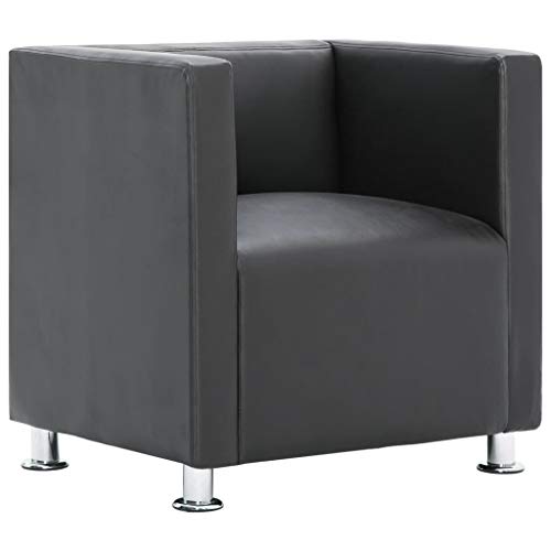 vidaXL Sillón Forma Cubo Cuadrado Piel Sintética Diseño Moderno Elegante Butaca Cuero Artificial Vintage Estilo Le Corbusier Patas Cromadas Gris