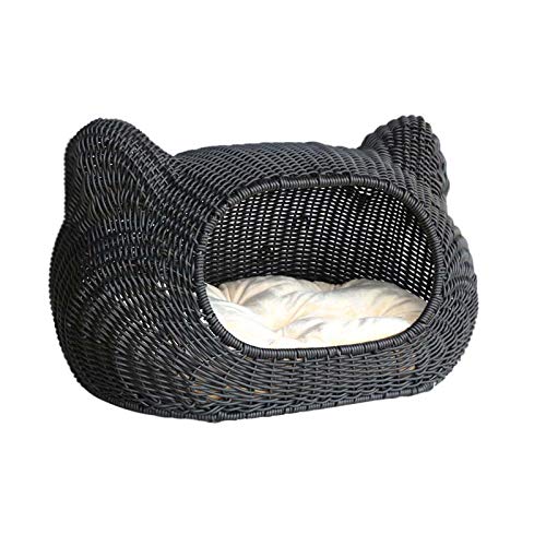 ZUOZUOZUO Cuatro Estaciones Cerraron Cabeza De Gato Hecha A Mano De Ratán Gato Camada Casa De Gato Casa De Gato Gato Gato Saltando Gato Cama Gato Sofá Resistente Negro 55X33X35Cm