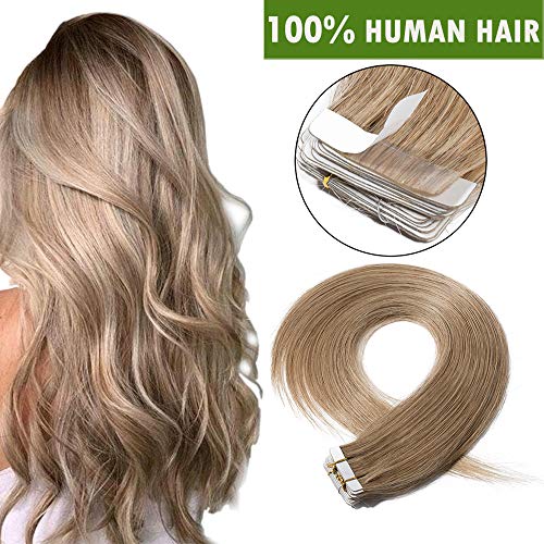 18"(45cm) Extensiones Adhesivas de Cabello Natural Sin Clip [2.5g*20pcs] #27 Rubio Oscuro 100% Remy Pelo Humano Tape in Hair Extensions (50g)