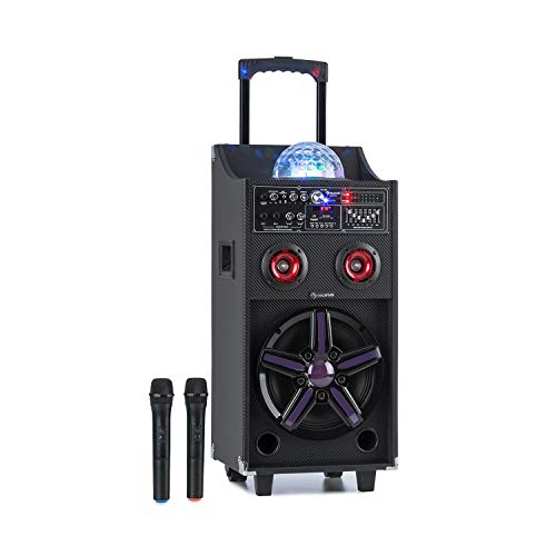 auna DisGo Box 100 Equipo de PA - Subwoofer de 10", Tweeer de 3", 50 W, Luces LED, Bluetooth, USB, Puerto USB, batería de 4,5 A 12V, 2 micrófonos UHF, mandoa Distancia, asa Extraible, Negro