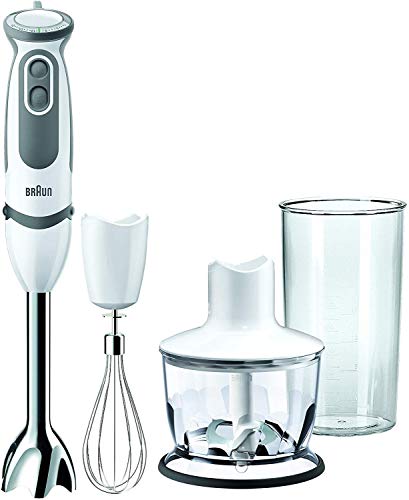 Braun Minipimer 5 MQ5035 Sauce - Batidora de mano, 750 w potencia, 21 velocidades, vaso medidor 0,6l, campana anti-salpicaduras, accesorio batidor, accesorio picador, blanco y gris