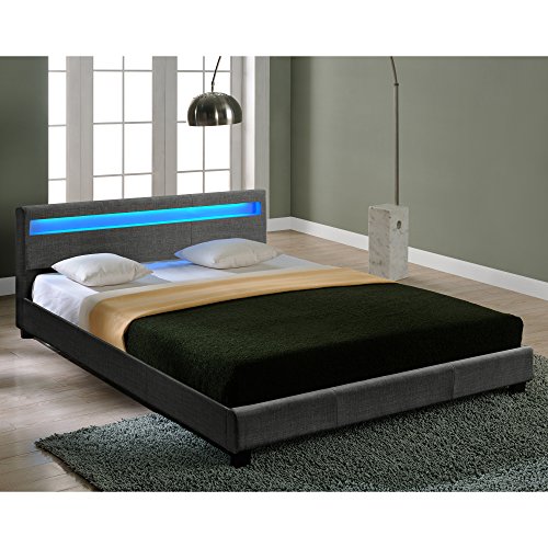 Corium Cama Moderna de Tela, LED - Cama de Matrimonio 180x200cm - Gris Oscuro